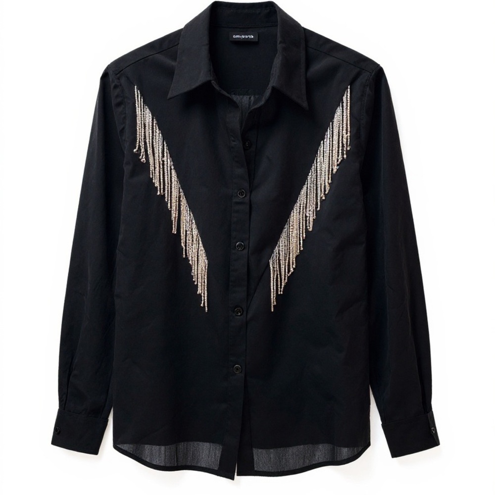 Black Fringe Button-Up Shirt